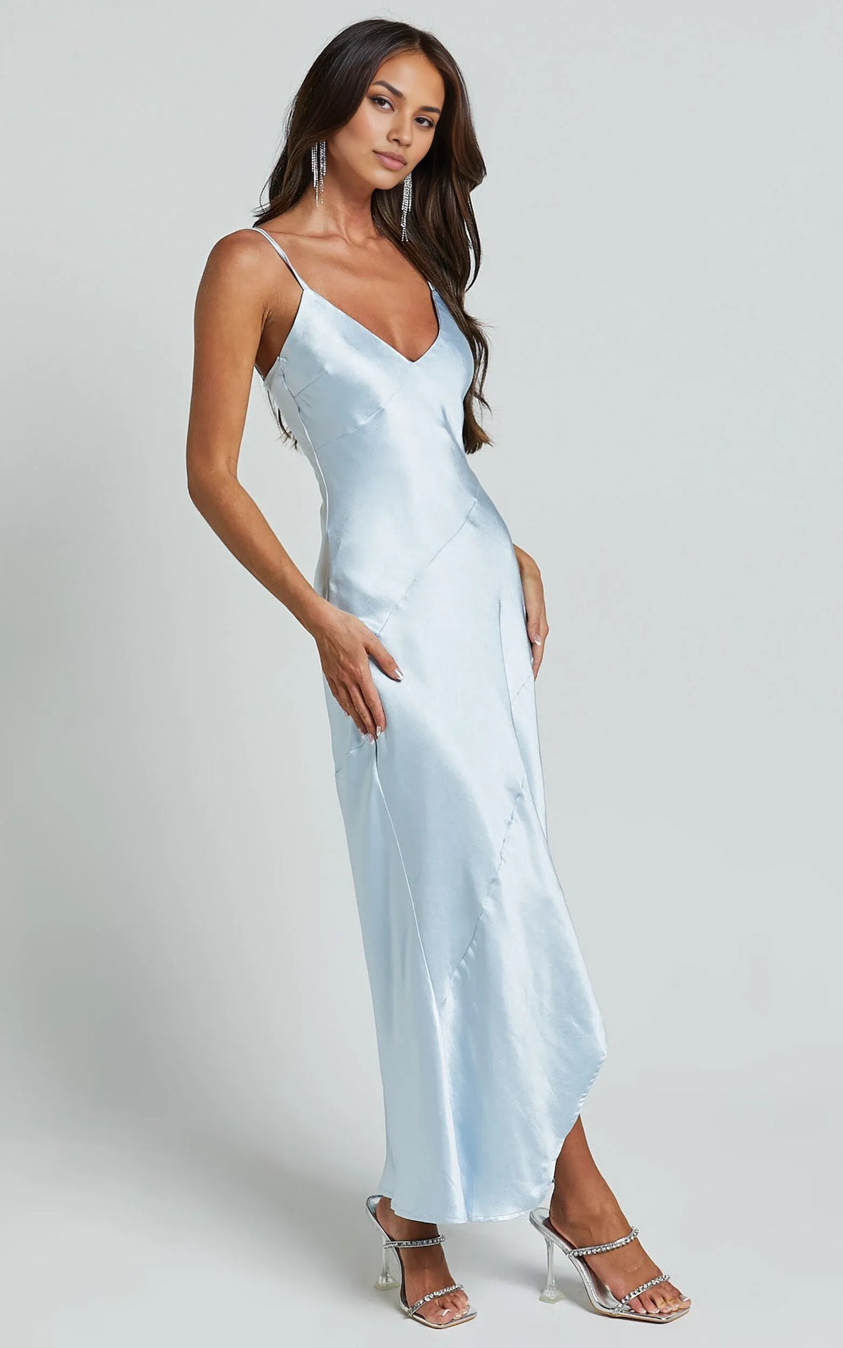 Dress Simple Asymmetric Draped Bias Cut Satin Slip Cocktail Maxi Dresses Blue Sheath Solid Color Spaghetti Straps Prom Dress