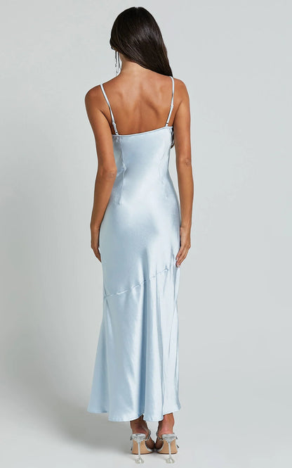 Dress Simple Asymmetric Draped Bias Cut Satin Slip Cocktail Maxi Dresses Blue Sheath Solid Color Spaghetti Straps Prom Dress