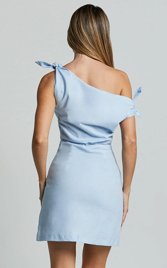 Dress Simple Asymmetrical Off The Shoulder Mini Dress Blue Column Sleeveless Backless Homecoming Dress