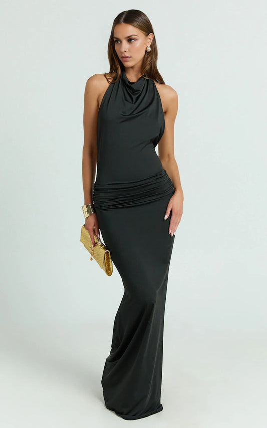 Dress Simple Backless Ruched Bodycon Maxi Dress Black Trumpet Sleeveless Backless Evening Dress
