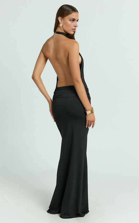 Dress Simple Backless Ruched Bodycon Maxi Dress Black Trumpet Sleeveless Backless Evening Dress