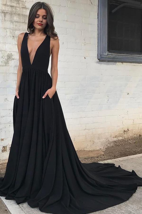Dress Simple Black Chiffon Backless Deep V Neck A line Long Prom Dress