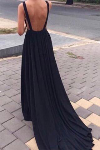 Dress Simple Black Chiffon Backless Deep V Neck A line Long Prom Dress
