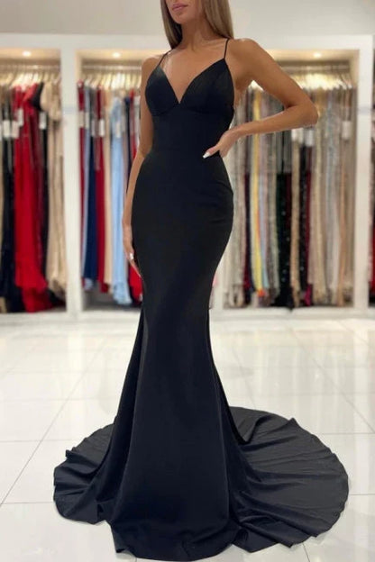 Dress Simple Black Long Spaghetti Straps Mermaid Prom Dresses