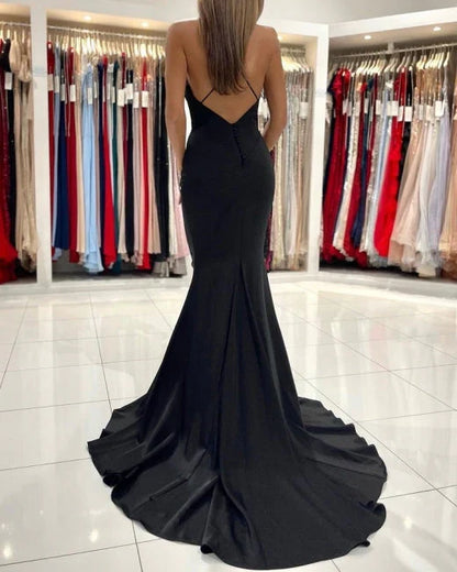 Dress Simple Black Long Spaghetti Straps Mermaid Prom Dresses