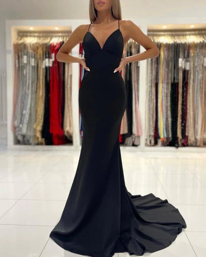 Dress Simple Black Long Spaghetti Straps Mermaid Prom Dresses