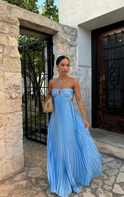 Dress Simple Blue Sleeveless A-line Long Evening Prom Dresses Formal Wear Dresses