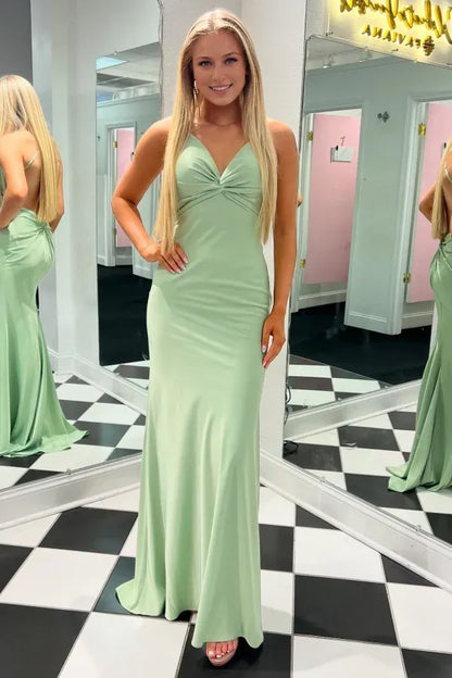 Dress Simple/Casual Mermaid V Neck Spaghetti Straps Sleeveless Pleated Open Back Prom Party Dress Cocktail Dress