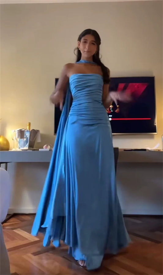 Dress Simple Classy Strapless Sheath Strapess With Ribbon Blue Ruffles Long Floor Length Prom Dress