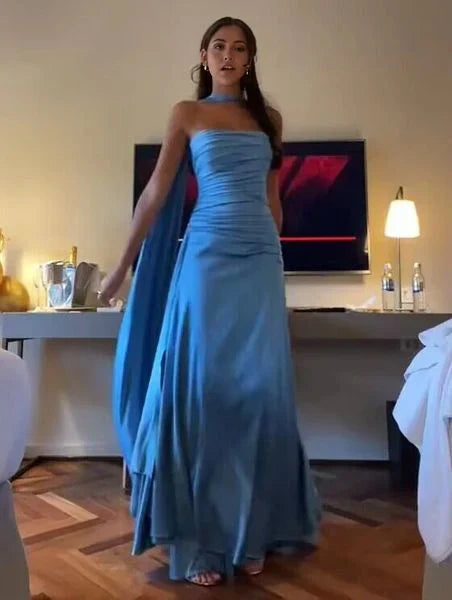 Dress Simple Classy Strapless Sheath Strapess With Ribbon Blue Ruffles Long Floor Length Prom Dress