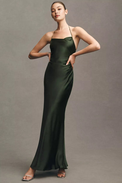 Dress Simple Cowl-Neck Satin Maxi Dress Forest Open Back Sleeveless Prom Dress