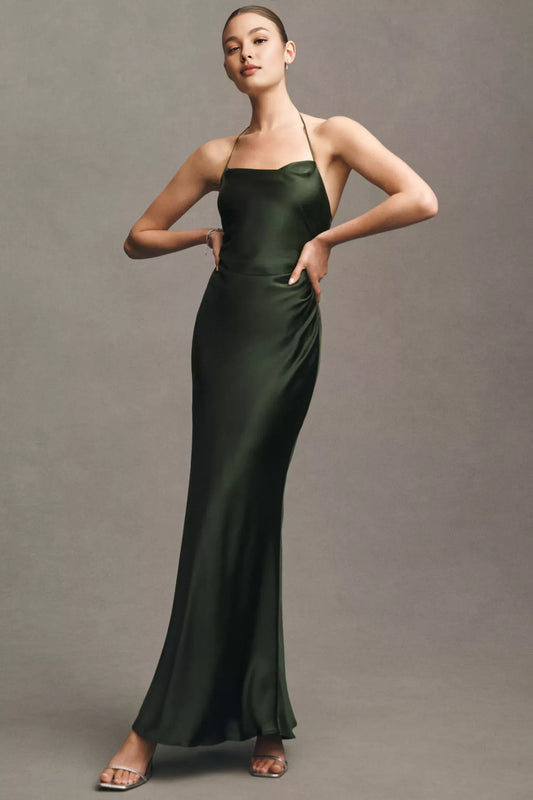 Dress Simple Cowl-Neck Satin Maxi Dress Forest Open Back Sleeveless Prom Dress
