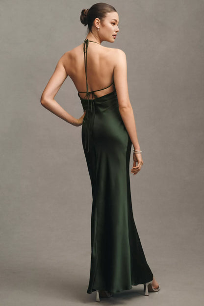 Dress Simple Cowl-Neck Satin Maxi Dress Forest Open Back Sleeveless Prom Dress