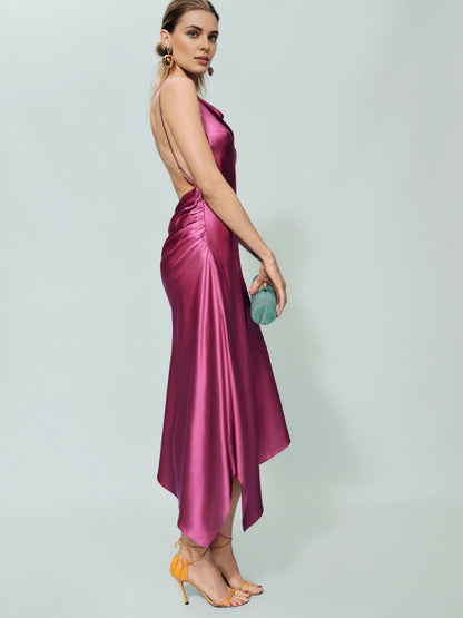 Dress Simple Cowl Neck Sleeveless Mermaid Prom Dress Midi Dress Backless Asymmetrical Hem Evening Dress