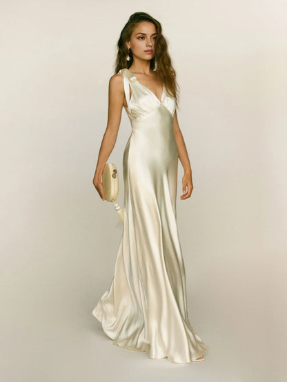 Elegant Satin Mermaid V‑Neck Tie‑Strap V‑Back Floor‑Length Wedding Guest Dress