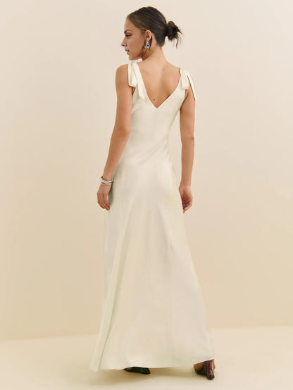 Elegant Satin Mermaid V‑Neck Tie‑Strap V‑Back Floor‑Length Wedding Guest Dress