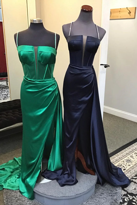Dress Simple Emerald Green Beaded Spaghetti Straps Long Dress Prom Dress