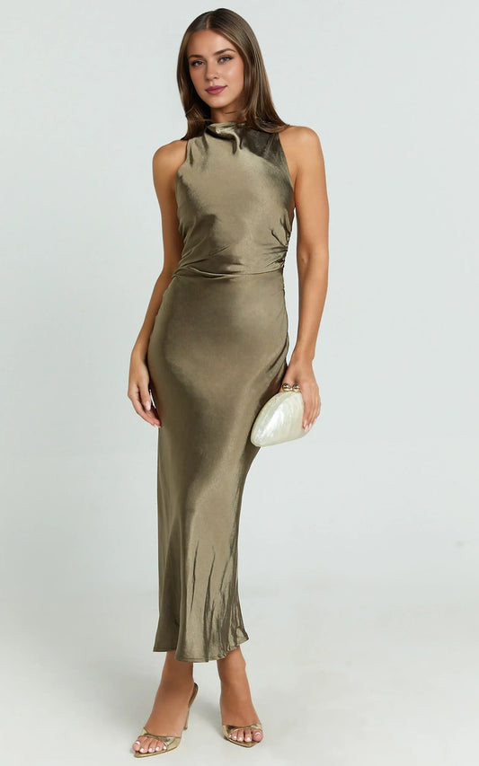 Dress Simple High Neck Cross Back Satin Slip Olive Midi Dress Solid Color Sleeveless Backless Satin Party Evening Dress