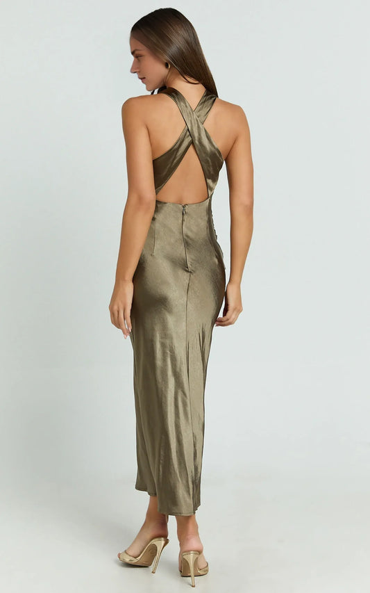 Dress Simple High Neck Cross Back Satin Slip Olive Midi Dress Solid Color Sleeveless Backless Satin Party Evening Dress
