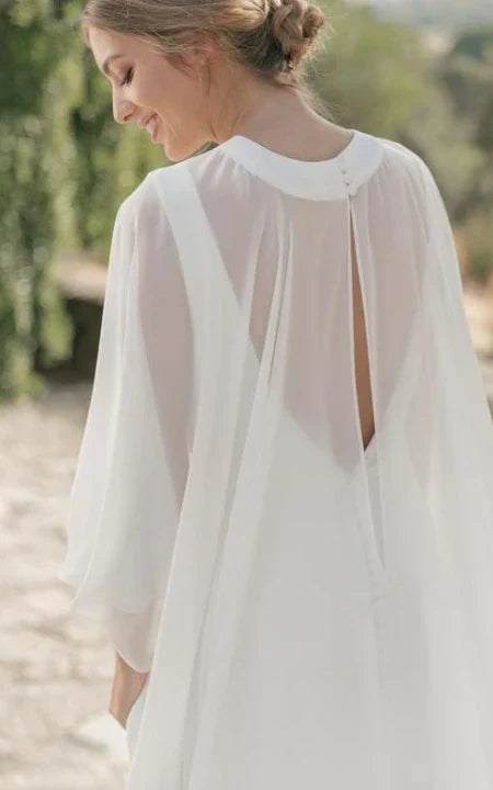 Dress Simple Jewel-neck Sheath Chiffon Bride Dress Low-V Back With Cape Wedding Dress