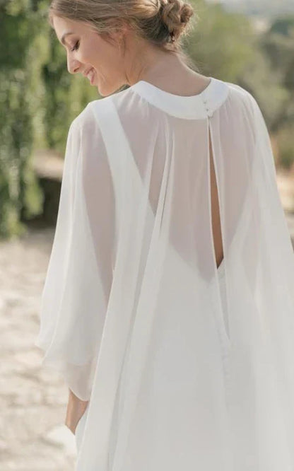 Dress Simple Jewel-neck Sheath Chiffon Bride Dress Low-V Back With Cape Wedding Dress