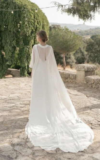 Dress Simple Jewel-neck Sheath Chiffon Bride Dress Low-V Back With Cape Wedding Dress