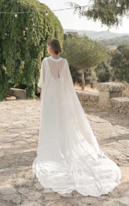 Dress Simple Jewel-neck Sheath Chiffon Bride Dress Low-V Back With Cape Wedding Dress