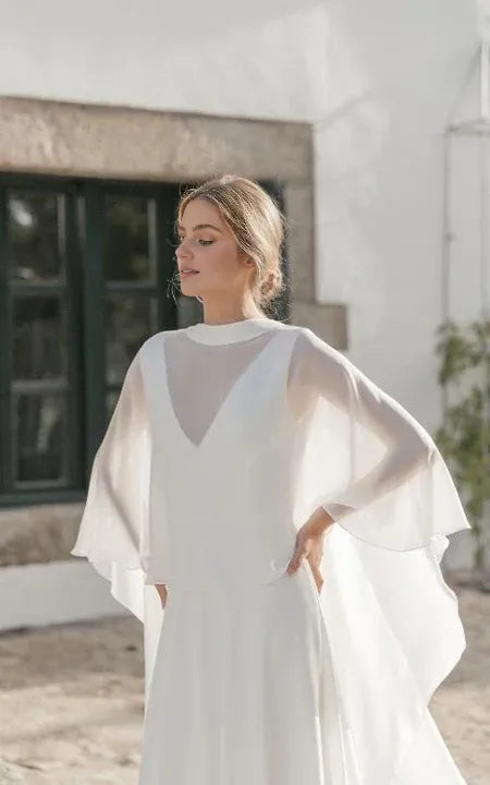 Dress Simple Jewel-neck Sheath Chiffon Bride Dress Low-V Back With Cape Wedding Dress