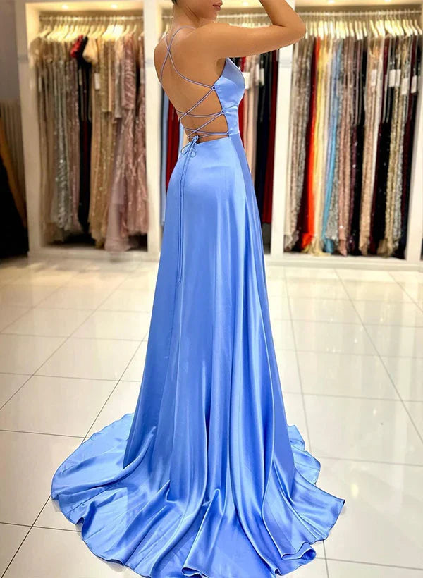 Dress Simple Long A-Line V-Neck Sleeveless Satin Prom Dress With Split