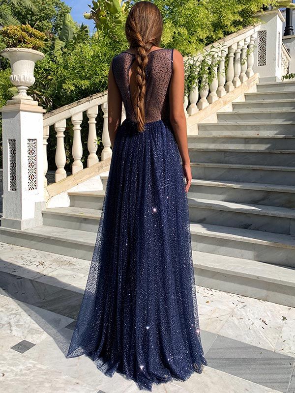 Dress Simple Long A-line Bateau Sequin Prom Dress