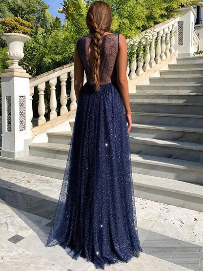Dress Simple Long A-line Bateau Sequin Prom Dress