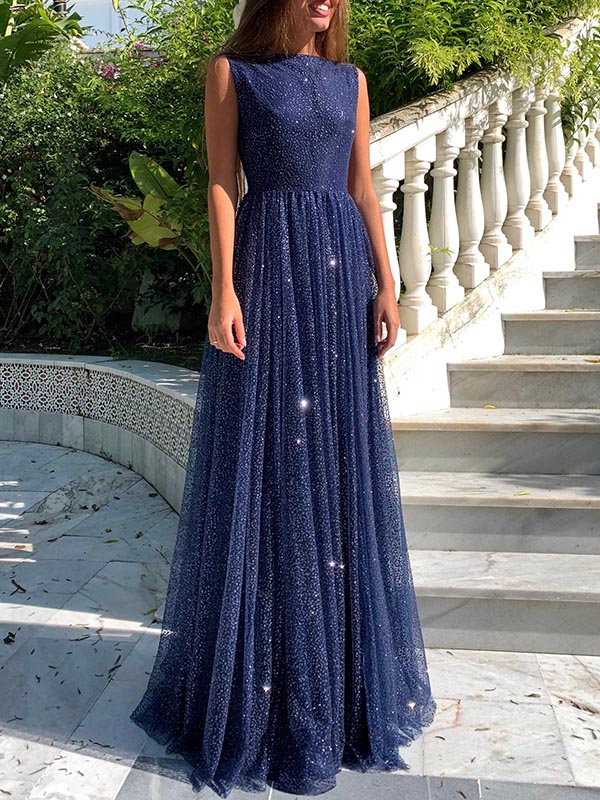 Dress Simple Long A-line Bateau Sequin Prom Dress