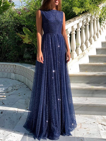 Dress Simple Long A-line Bateau Sequin Prom Dress