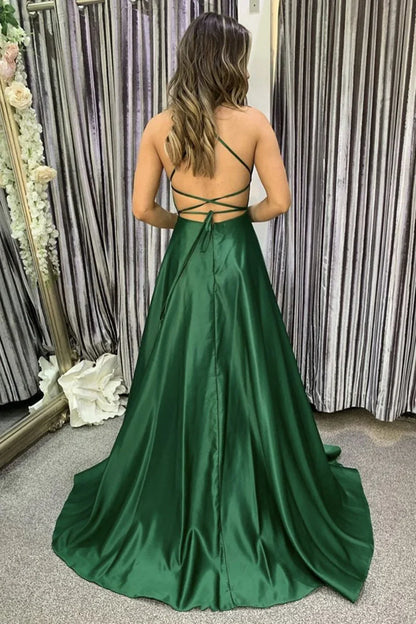 Dress Simple Long A-line Satin Open Back Graduation Prom Dresses with Slit