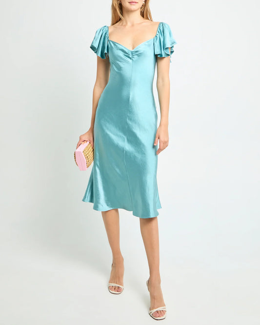 Dress Simple Mermaid Tea-Length Flutter Sleeve Party Dresses Sweetheart Neck Satin Pleated Open Back Evening Dress