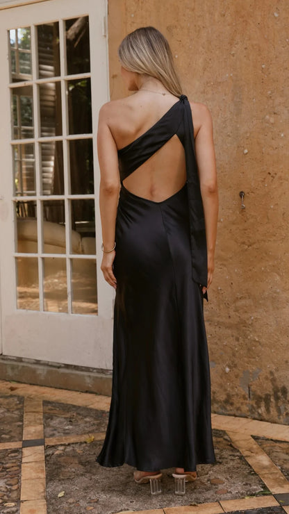 Dress Simple One Shoulder Maxi Dress Black Sheath Backless Solid Color Sleeveless Prom Dress