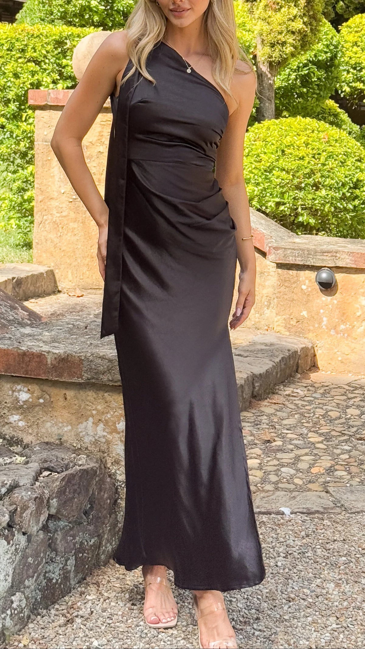 Dress Simple One Shoulder Maxi Dress Black Sheath Backless Solid Color Sleeveless Prom Dress