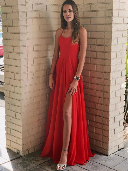 Dress Simple Red A Line Backless Chiffon Long Prom Dresses with Leg Slit
