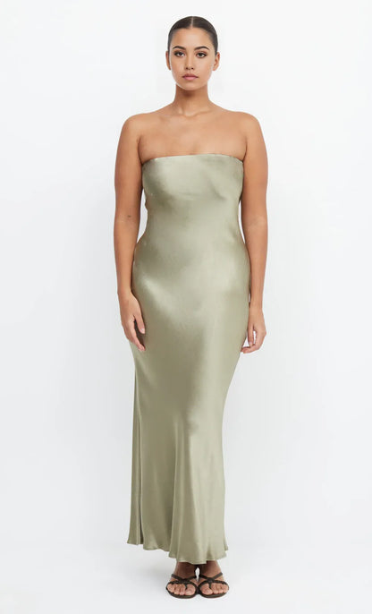 Dress Simple Sage Strapless Sleeveless Ankle Length Solid Color Prom Dress