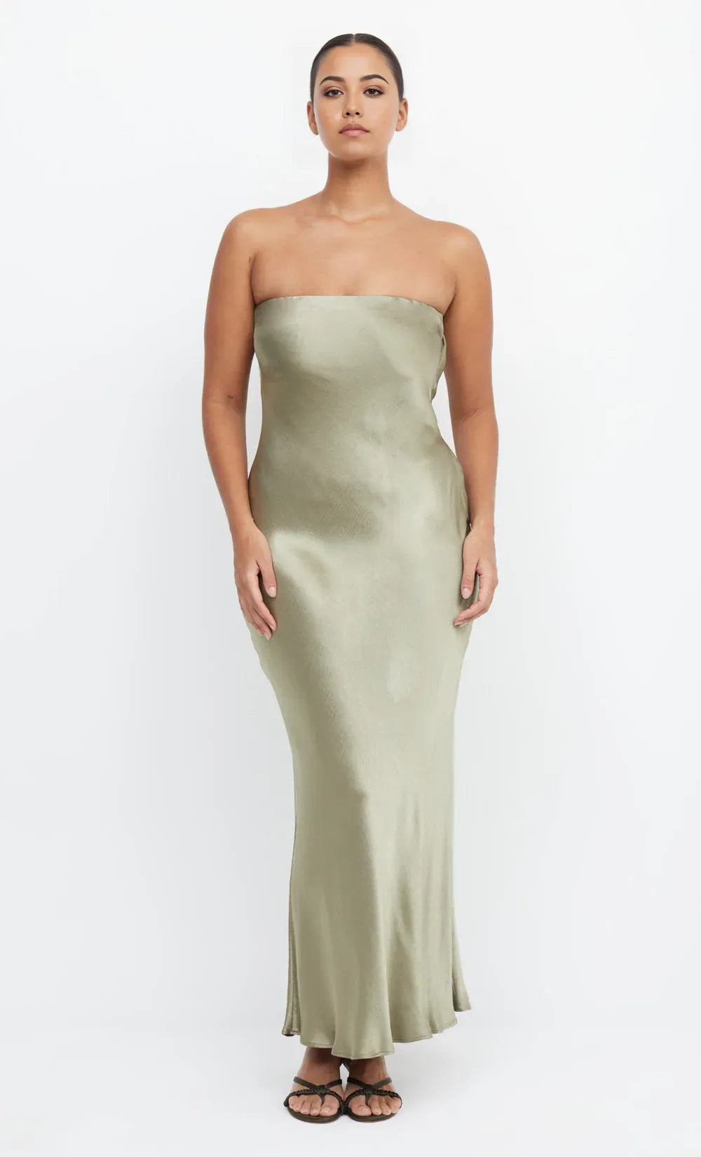 Dress Simple Sage Strapless Sleeveless Ankle Length Solid Color Prom Dress
