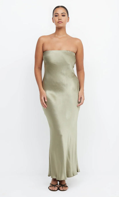 Dress Simple Sage Strapless Sleeveless Ankle Length Solid Color Prom Dress