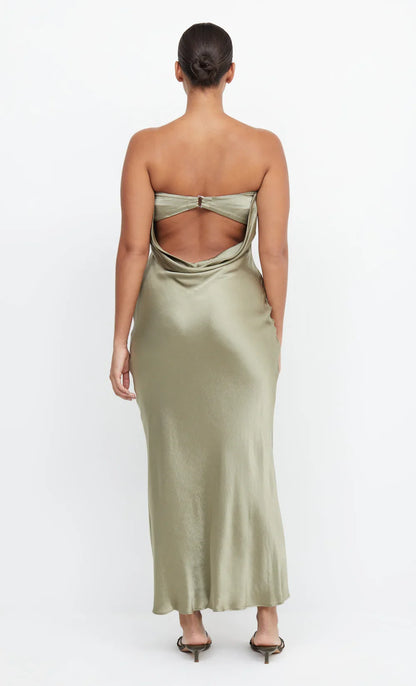 Dress Simple Sage Strapless Sleeveless Ankle Length Solid Color Prom Dress