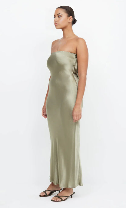 Dress Simple Sage Strapless Sleeveless Ankle Length Solid Color Prom Dress