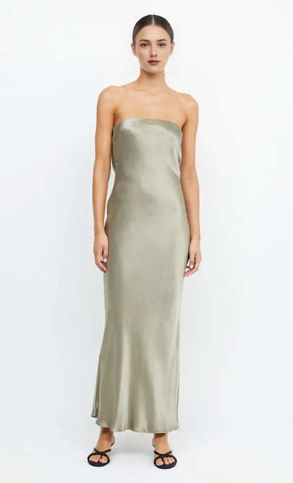 Dress Simple Sage Strapless Sleeveless Ankle Length Solid Color Prom Dress