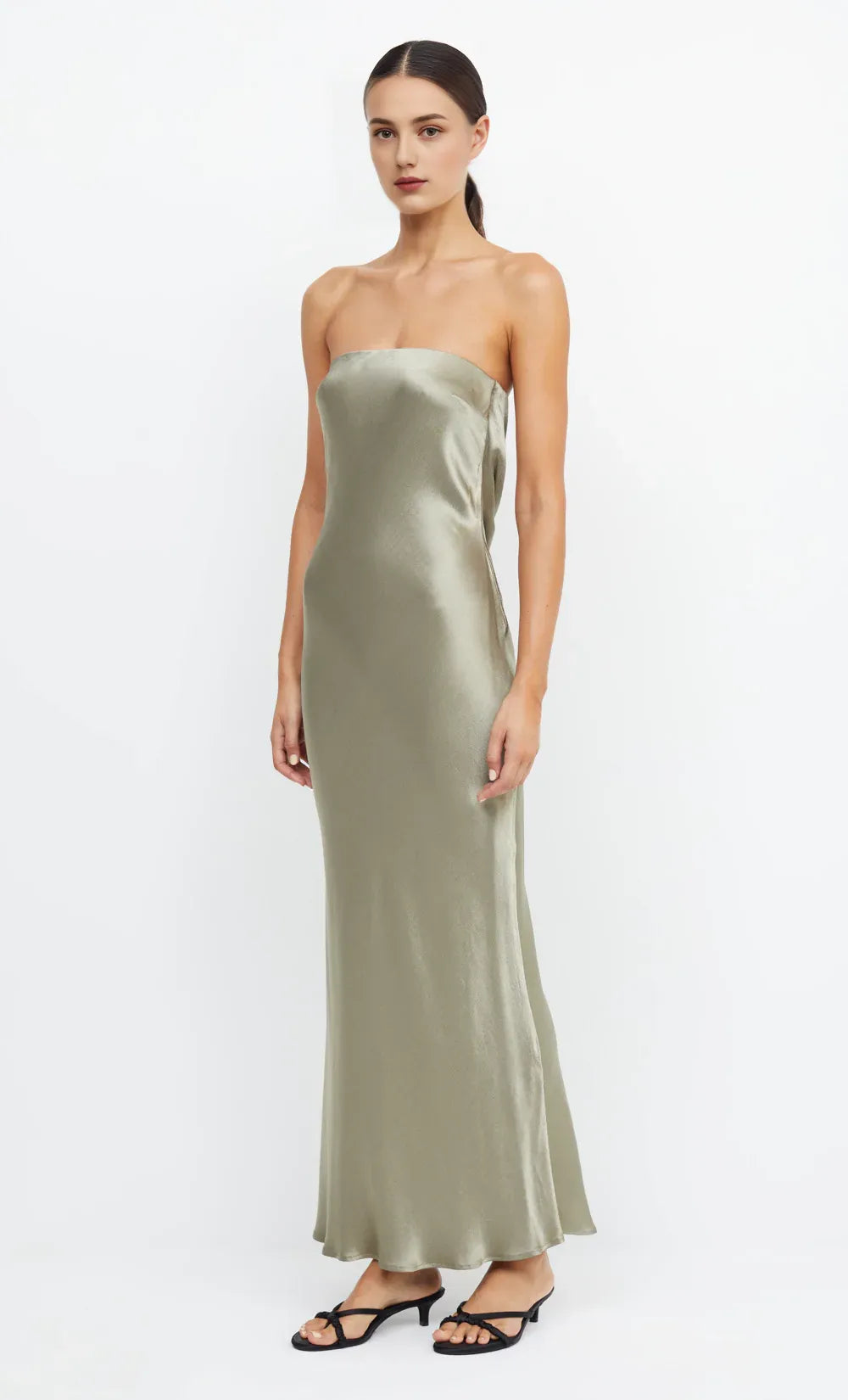Dress Simple Sage Strapless Sleeveless Ankle Length Solid Color Prom Dress
