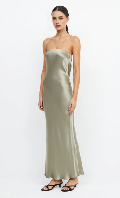 Dress Simple Sage Strapless Sleeveless Ankle Length Solid Color Prom Dress