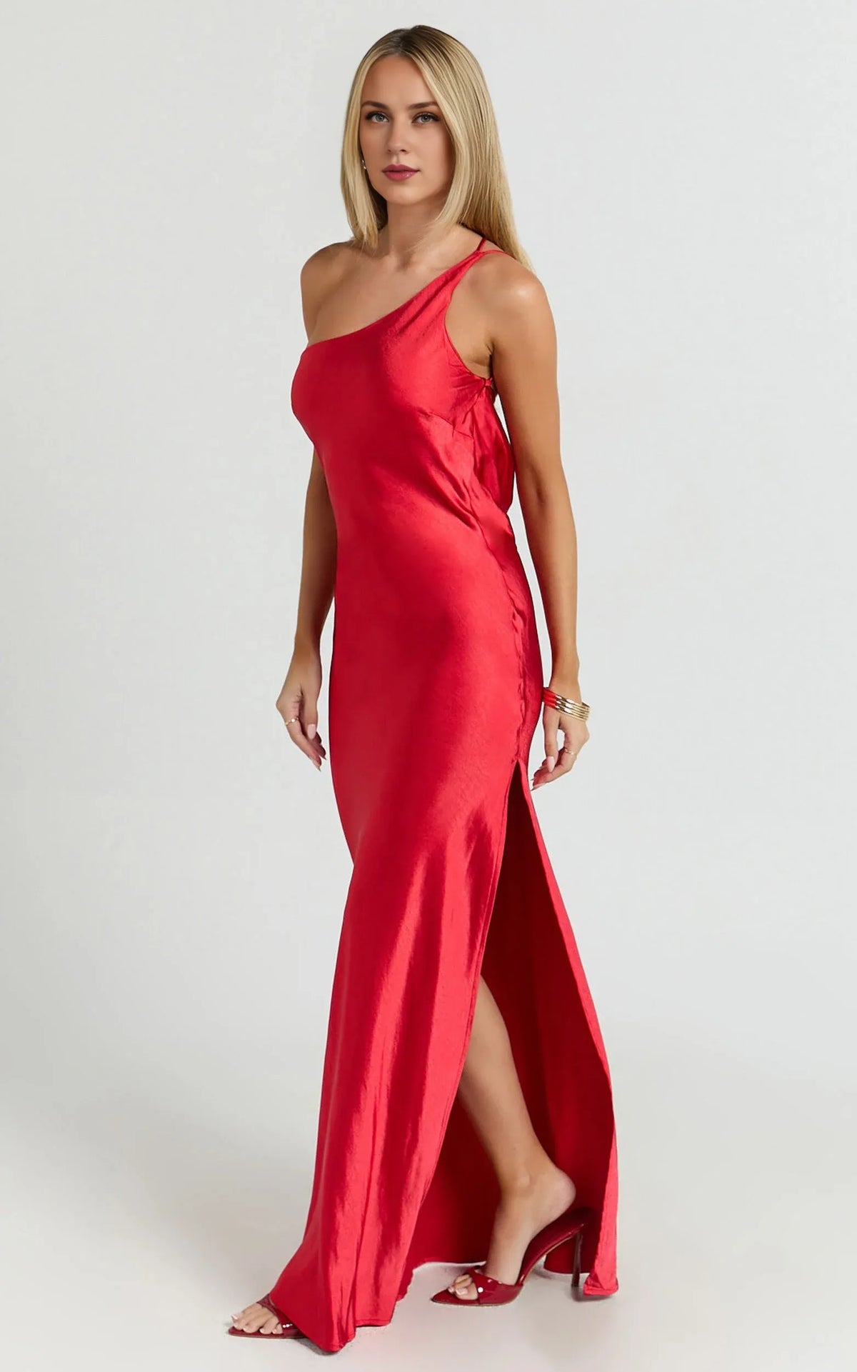Dress Simple Satin One Shoulder Cowl Back Bias Cut Maxi Dress Solid Color Red Sleeveless Backless Party Evening Dress