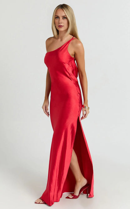Dress Simple Satin One Shoulder Cowl Back Bias Cut Maxi Dress Solid Color Red Sleeveless Backless Party Evening Dress