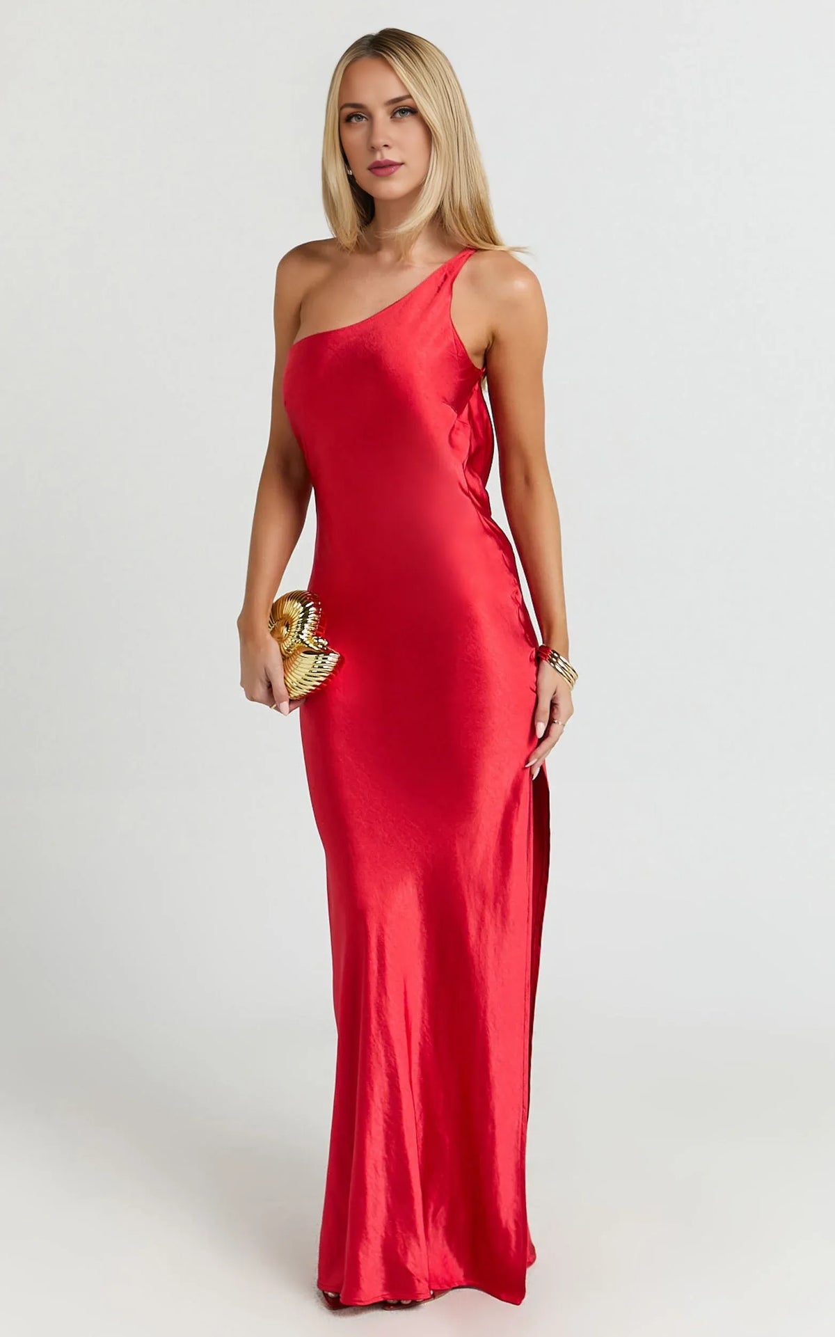 Dress Simple Satin One Shoulder Cowl Back Bias Cut Maxi Dress Solid Color Red Sleeveless Backless Party Evening Dress