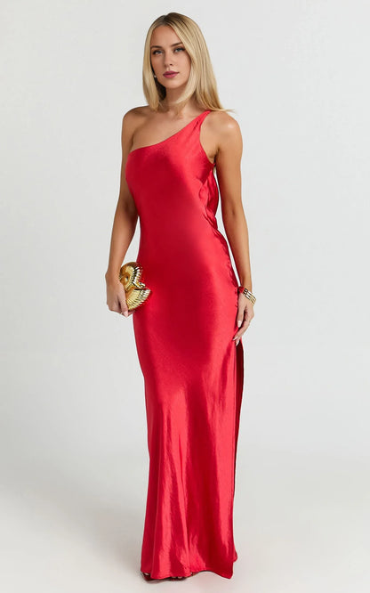 Dress Simple Satin One Shoulder Cowl Back Bias Cut Maxi Dress Solid Color Red Sleeveless Backless Party Evening Dress
